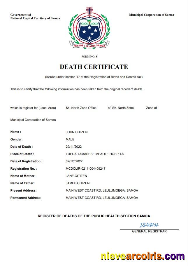 Samoa death certificate